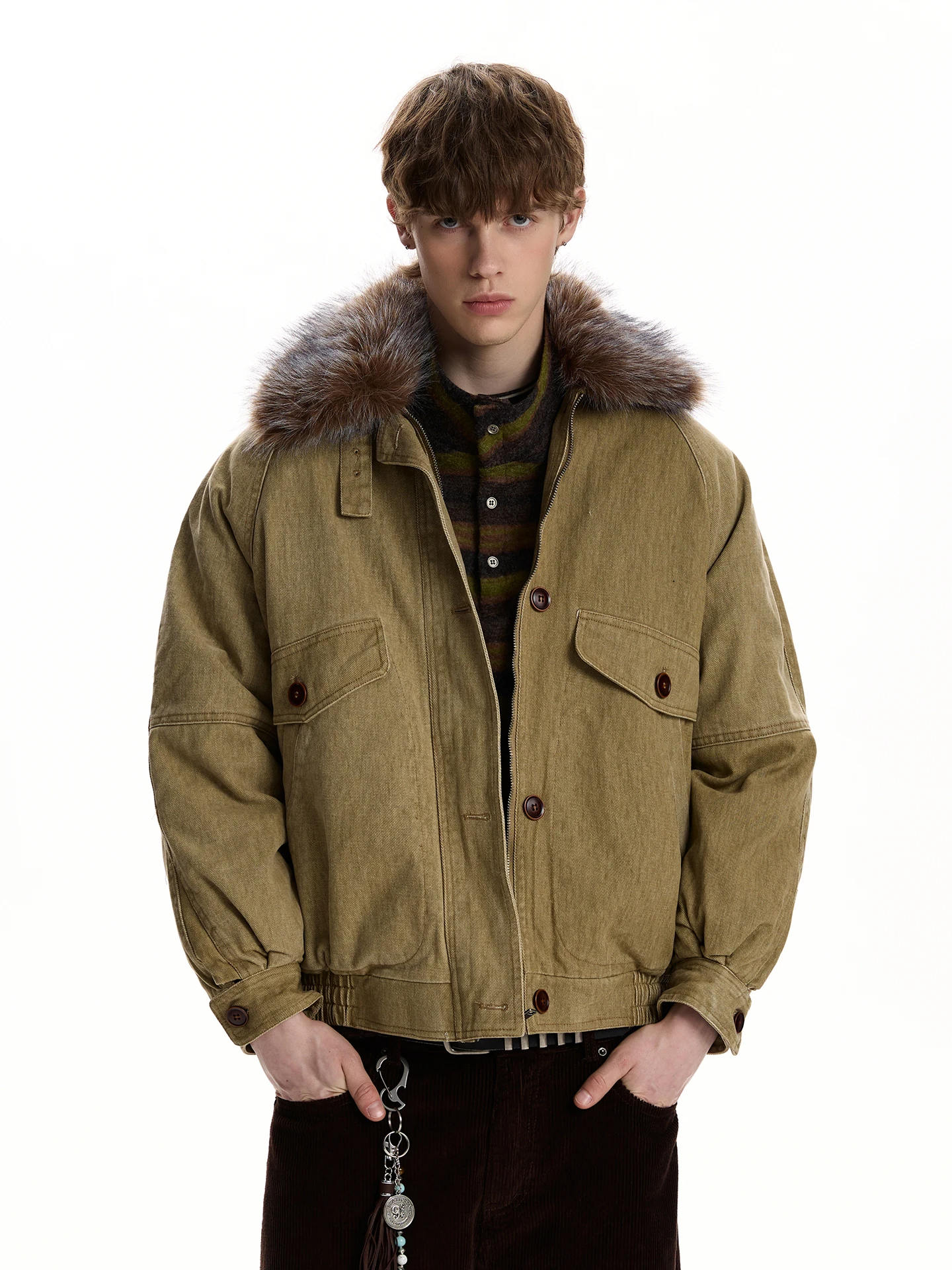 

a PUEE Retro Sle Jaet with Fur Collar Loose Fit Cotton Warmth for Autumn Winter Youth Faion Casual Outerwear Coat