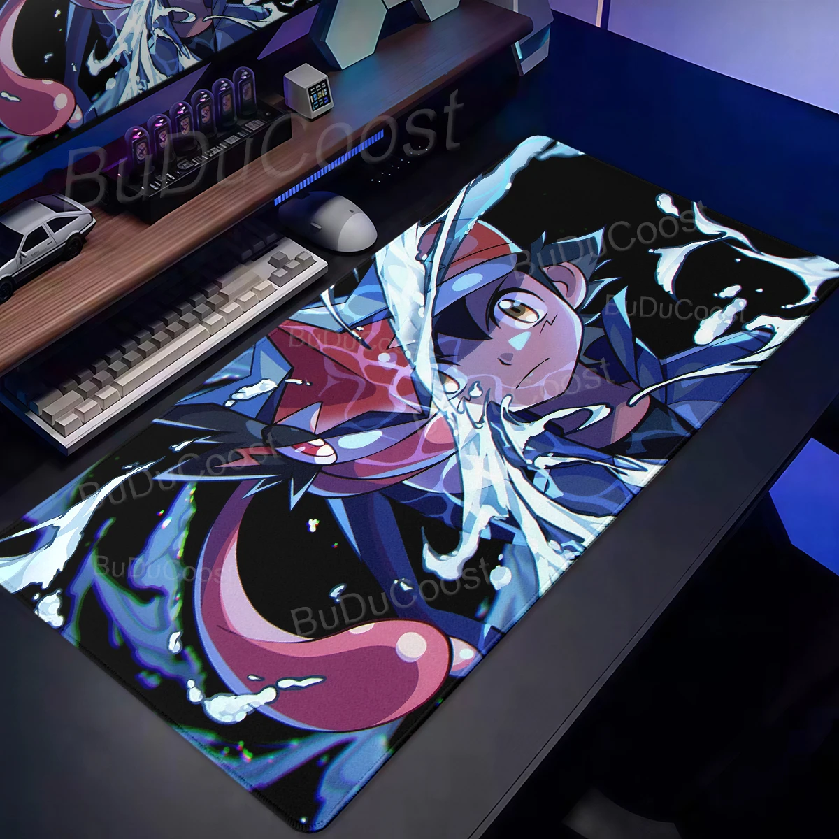 Gaming-Mauspad Greninja, rutschfeste Schreibtischunterlage aus Gummi, Ash Ketchum Gamer-Tischunterlage, Tastaturunterlage, Anime Pokemon, Büro-PC-Zubehör