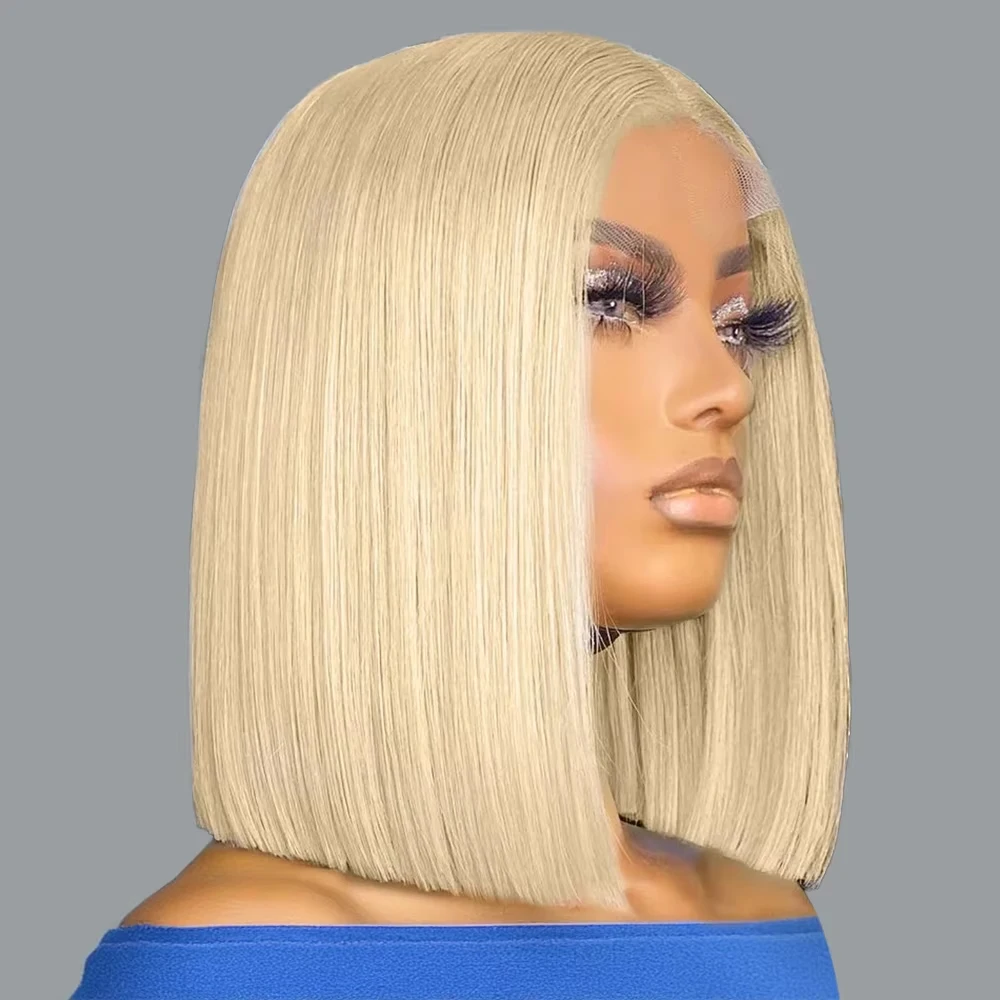 Perruque Bob Lace Frontal Wig naturelle 100% naturelle, cheveux courts, lisses, blond 613, 13x4, pre-plucked, sans colle