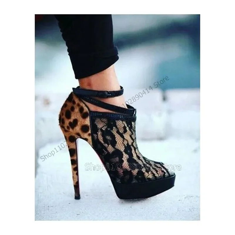 

Black Lace Leopard Print Peep Toe Pumps Ankle Buckle Strap Women Shoes Thin High Heels Fashion Banquet 2025 Zapatos Para Mujere