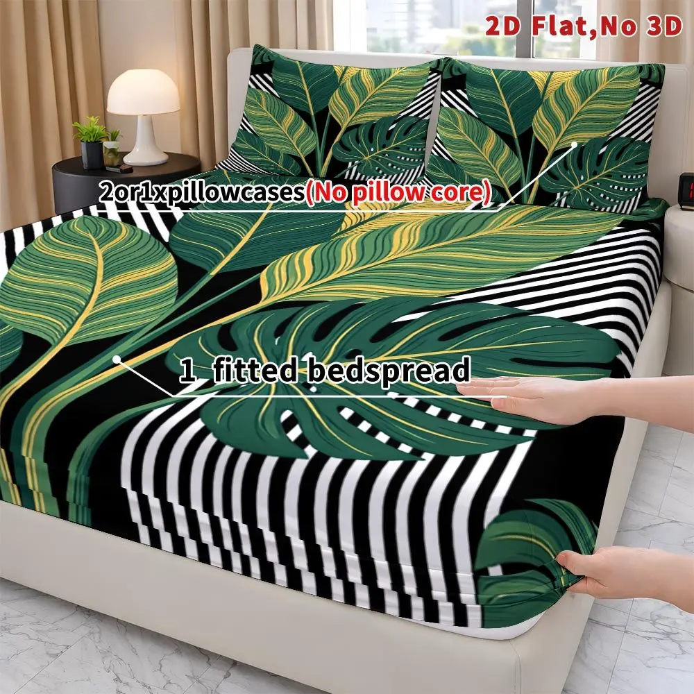 Christmas 2D Digital Print Three-Piece Bedding Set (includes 1 fitted sheet + 2 pillowcases) Mattress Protector, Fitted Sheet Style with Elastic Band, Protective Cover, Mattress Protector, Fitted Sheet Style Bedding, Tropical Leaf Pattern Fitted Sheet Set