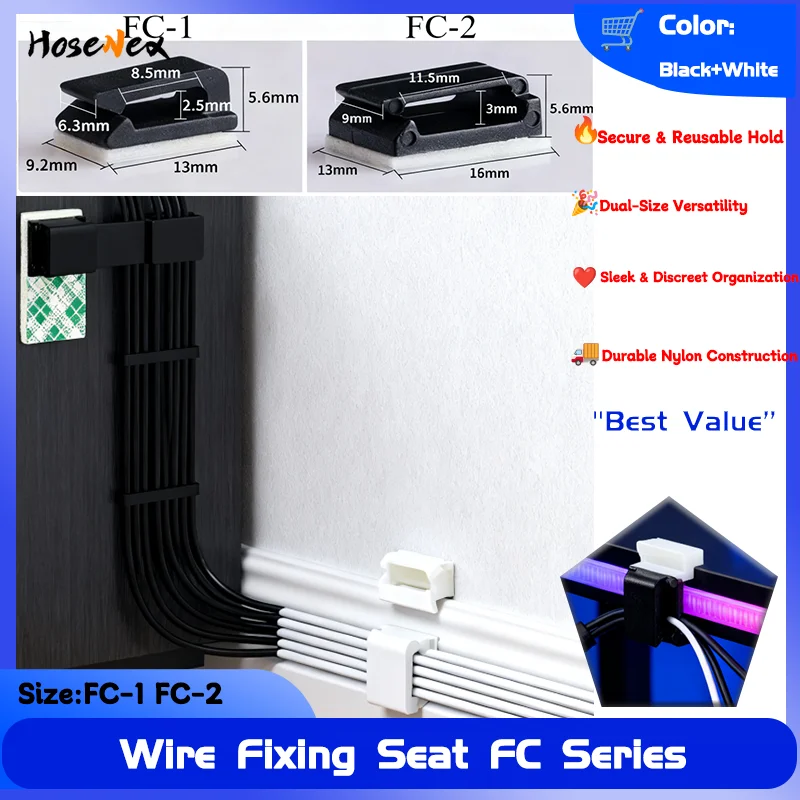 

10/50pcs FC-1 FC-2 Cable Clamps Self-Adhesive Cord Clips & Wire Tie Holders for Car Home Office Cable Organizer White Black