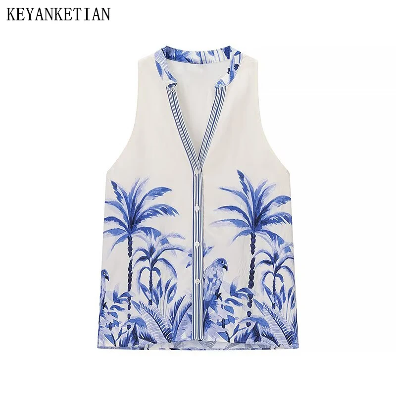 KEYANKETIAN 2025 Summer New Women's V-Neck Single Breasted Floral Bird Prints Camisole Retro style Loose Sleeveless Top Vest