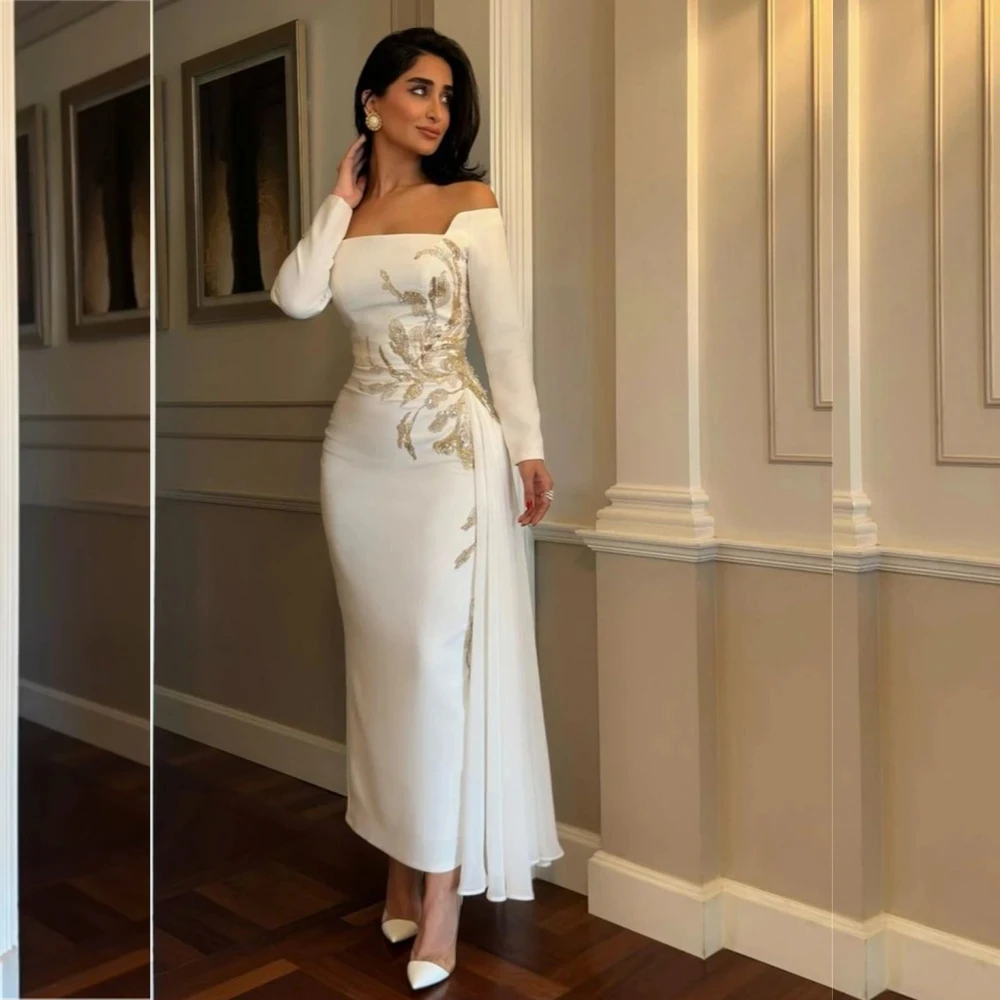 Vestido branco de baile com cetim, vestido de noite linha A, vestido feminino sem ombro, ocasião personalizada, vestido de festa Midi, Arábia Saudita