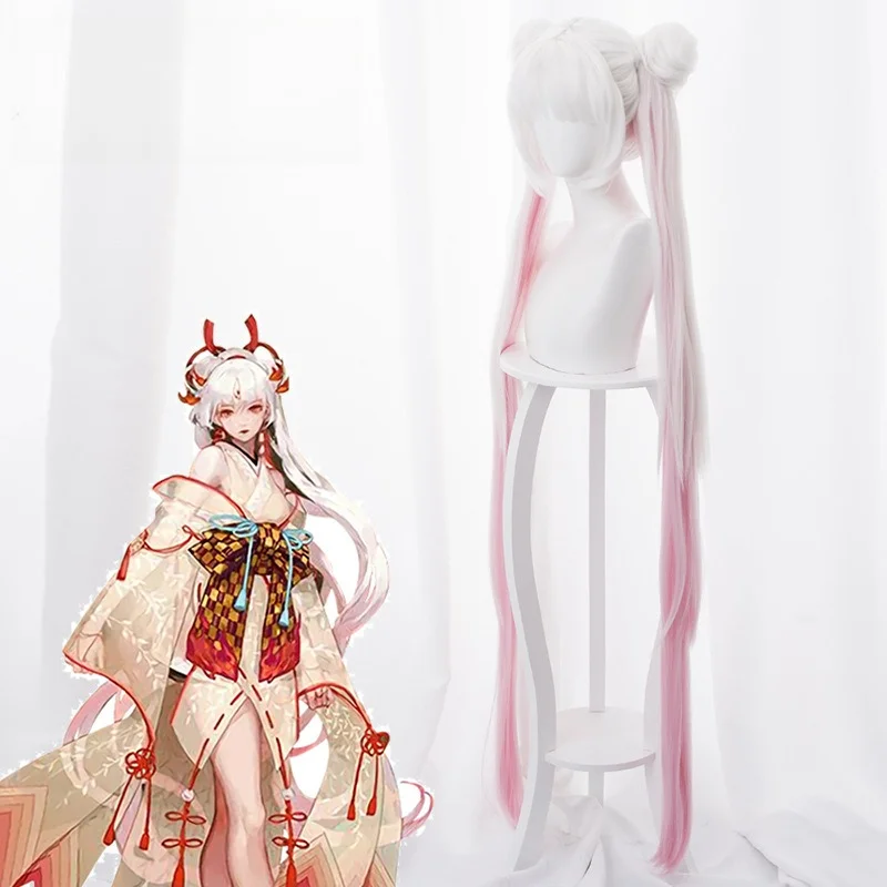 Onmyoji Shiranui Cosplay Wig White Pink Gradient Long Straight Hair with Buns Heat Resistant Synthetic Wig Anime Party Accessory