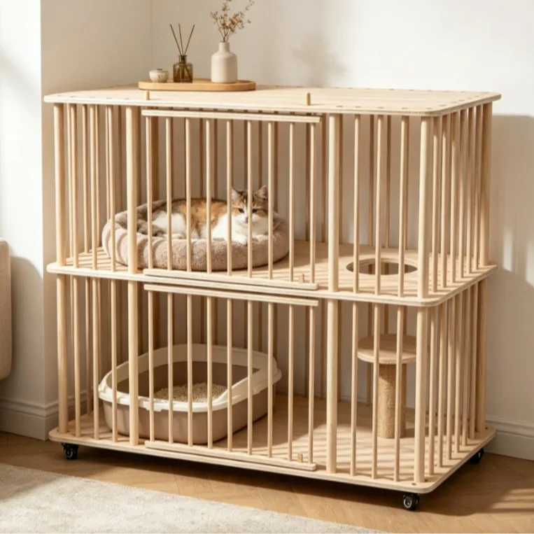 Double-layer curved solid wood cat villa, multi-functional separated cat fence with storage countertop