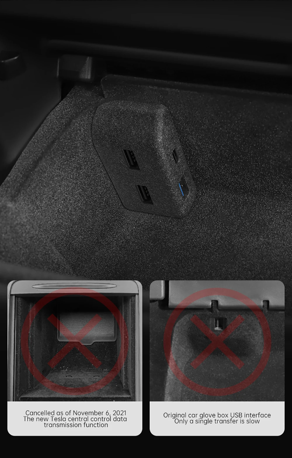 YZ für Tesla Model 3 Y YL Handschuhfach-USB-Hub, 4-in-1 Schnelllade-Dockingstation, Flockbeschichtete Versteckte Multifunktions-Autosteckdose – Detail 4