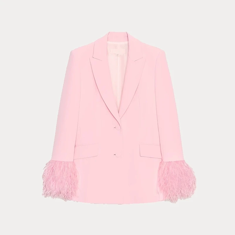 2025 봄 여름 여성 패션 깃털 트림 커프 수트 재킷 스트레이트 레그 팬츠 출퇴근 캐주얼 롱 슬리브 원버튼