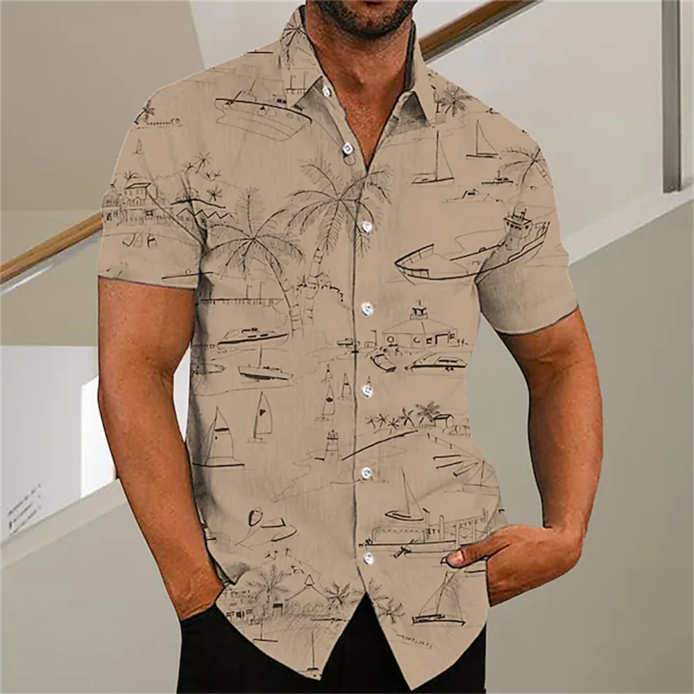 Sleeve Shirt Summer New 3D Coconut Tree Print Single Breasted Lapel Casual Top Camisa Masculina Men's Hawaiian Medusa Short