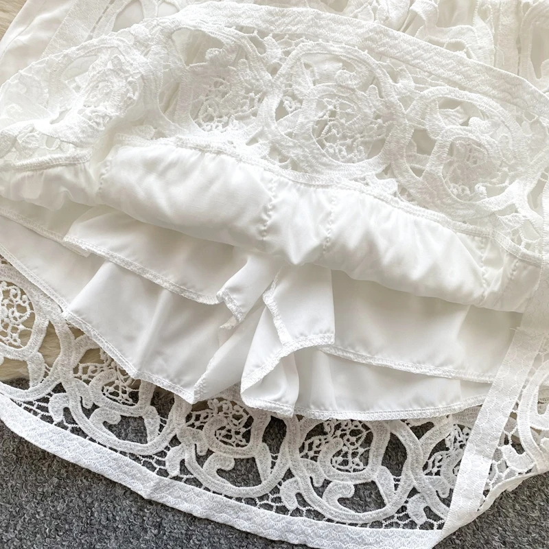 Estilo tribunal francês oco crochê renda lanterna manga camisa camisola colete e saia de cintura alta conjunto