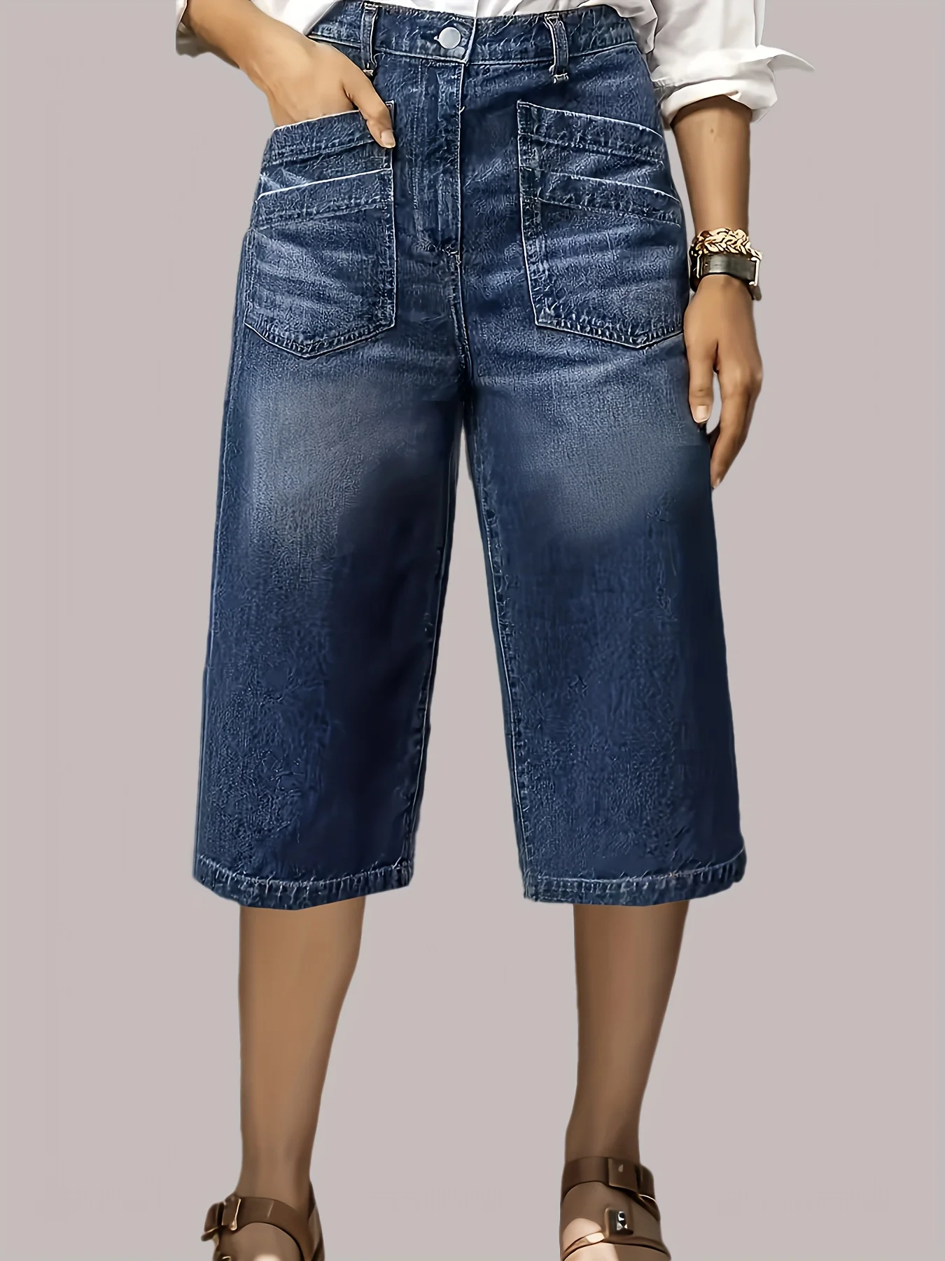 

Летние женские синие эластичные джинсовые шорты, женские бермуды-палаццо со средней посадкой в стиле ретро и наклонными карманами