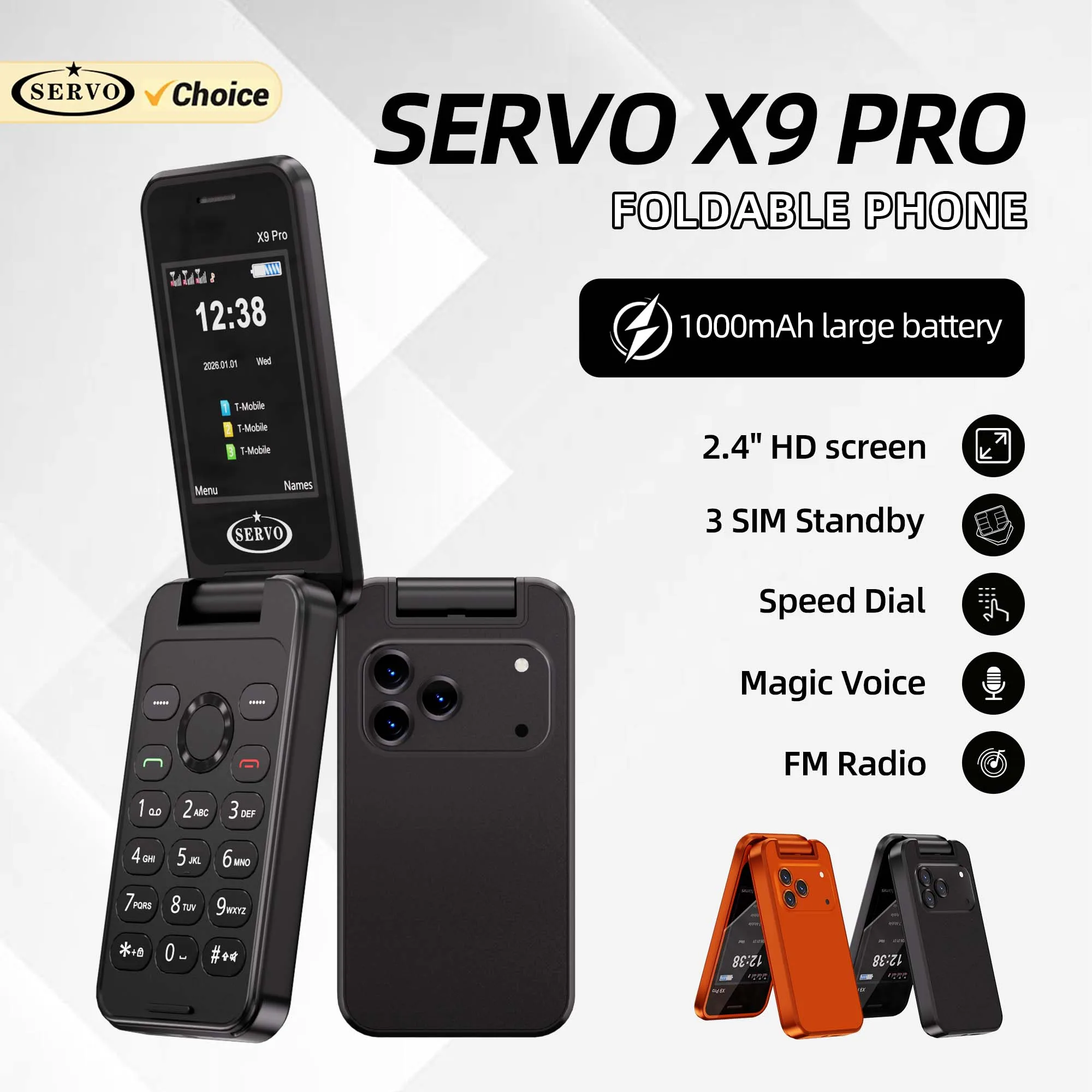 SERVO X9 PRO Flip Feature Phone 2.4 Inch Screen 3 SIM Standby 2G Blacklist Magic Voice Speed Dial MP4 Player FM Radio Cellphone