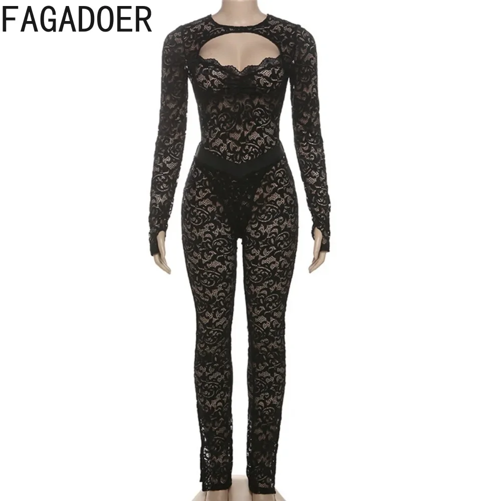 FAGADOER-Ensemble sexy en dentelle pour femmes, 2 pièces, amissié, transparent, pantalon et leggings, tenue de boîte de nuit, streetwear, nouvelle collection