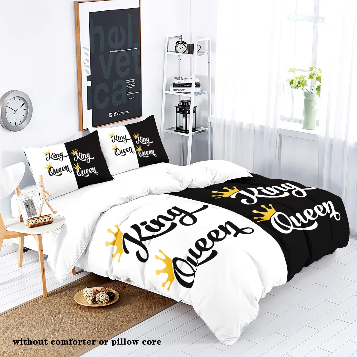 3-piece down set with black and white crown print pattern (1 down duvet cover+2 pillowcases, no core) couple bedding set