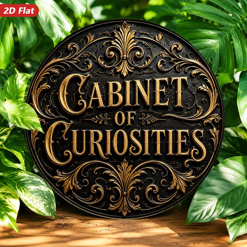 2D Flat, 1pc Victorian Curiosity Round Metal Sign Wall Art, Cabinet of Curiosities Lettering, Round Ornate Emblem, Home Decor, B
