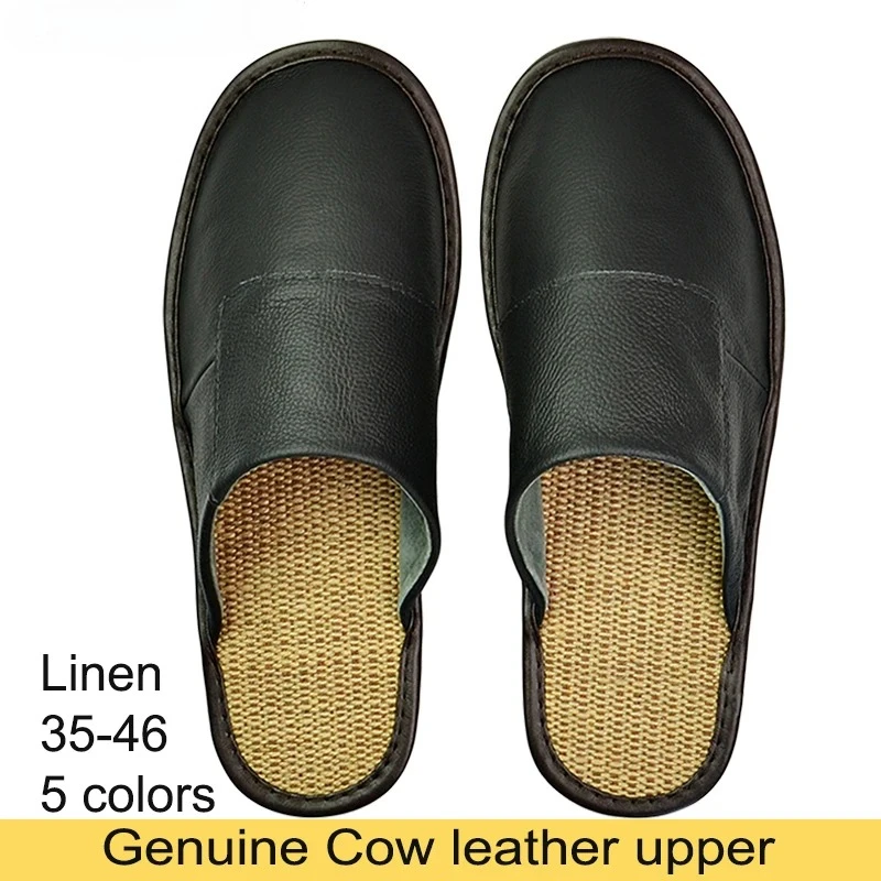 Genuine Cow Leather Linen Slippers Homes in indoor slipper Spring Autumn men women elderly non-slip casual single Slides shoes