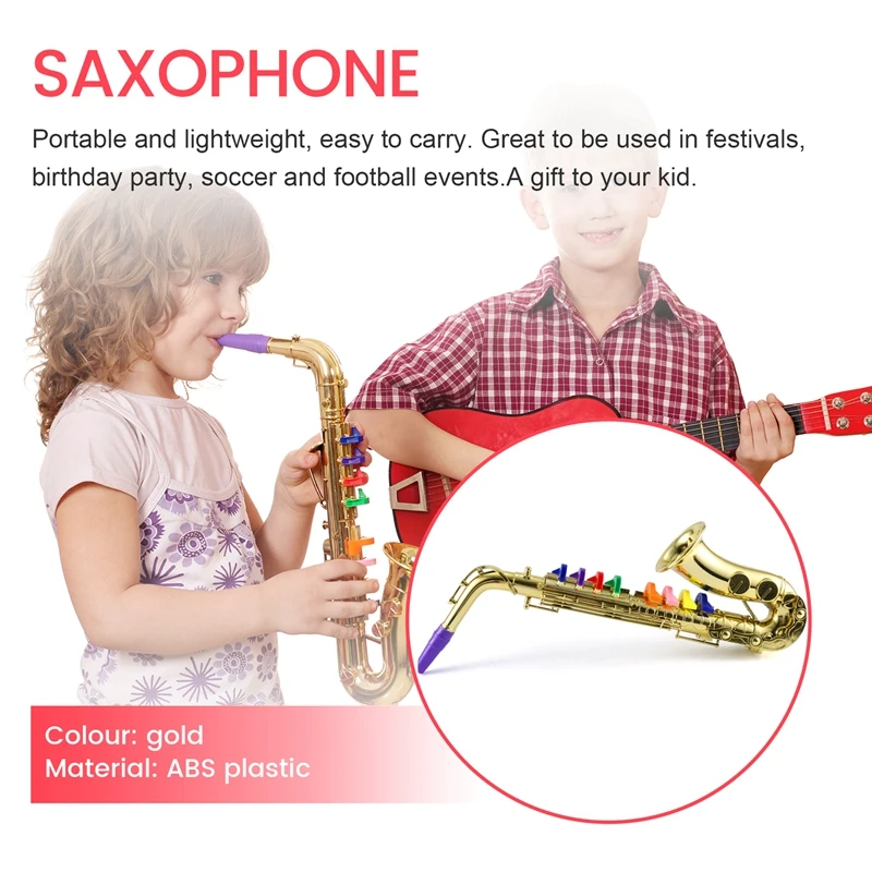 Saxophone Simulation Toy Props for Children, 8 teclas coloridas, mini musicais, instrumentos de sopro, festa de aniversário