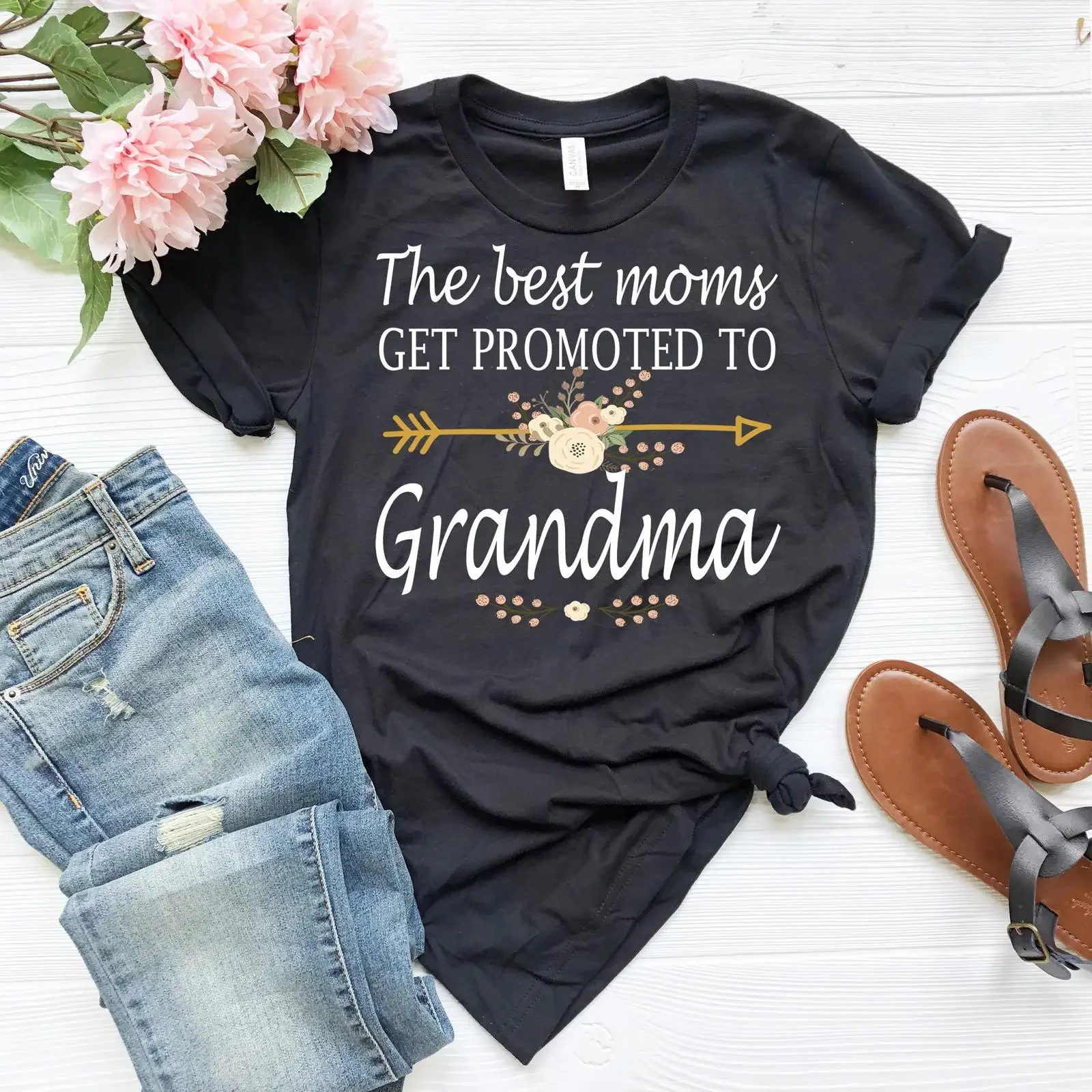 The Best Moms Get Promoted To Grandma T Shirt Floral Funny New Pregnancy Announcement for Casual Top vintage Washed graphic