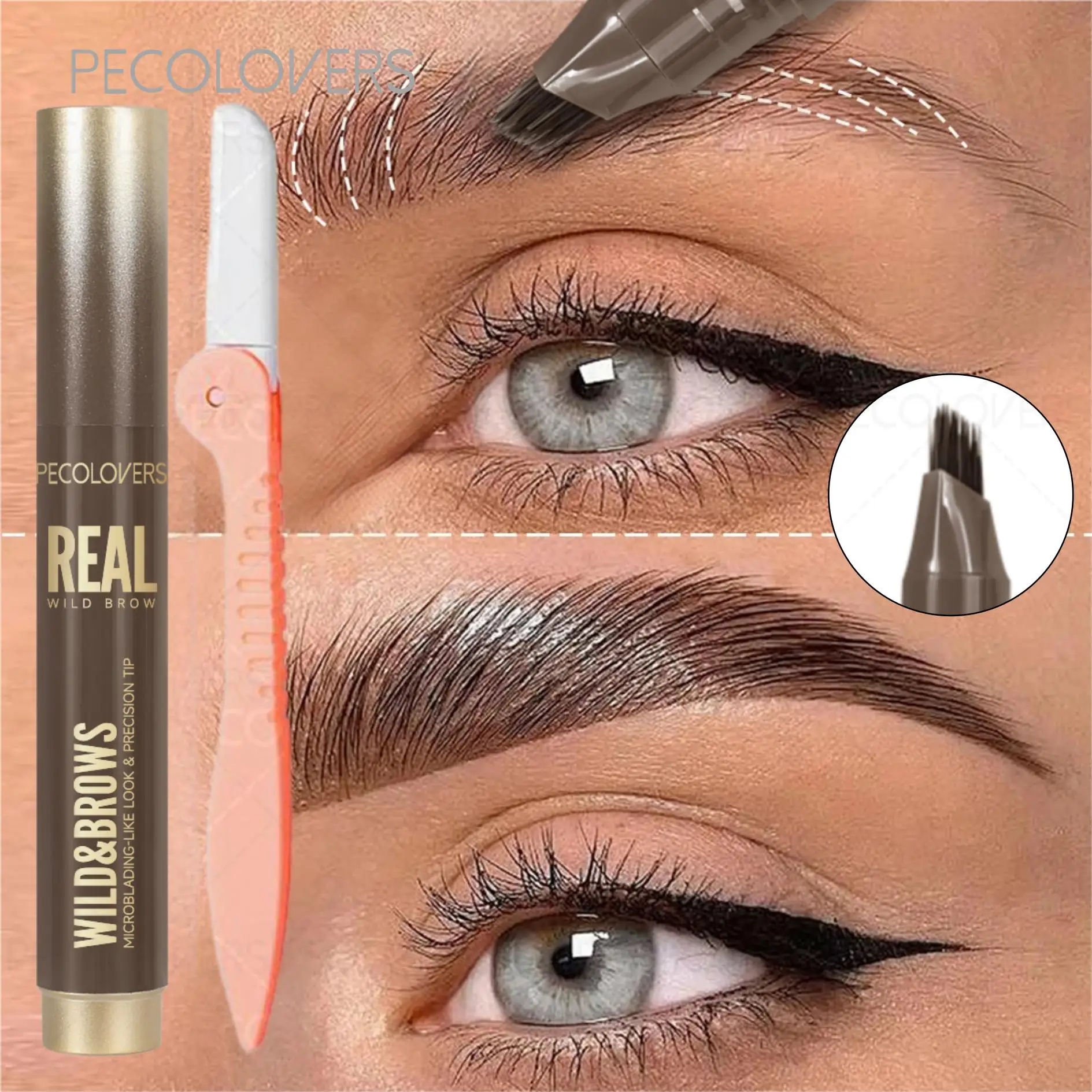 2PCS/SET 3D Wild Waterproof & Sweatproof Eyebrow Pencil &eyebrow Razor ,Mult Split Tip Eyebrows Pen Eyebrow,Portable for Travel