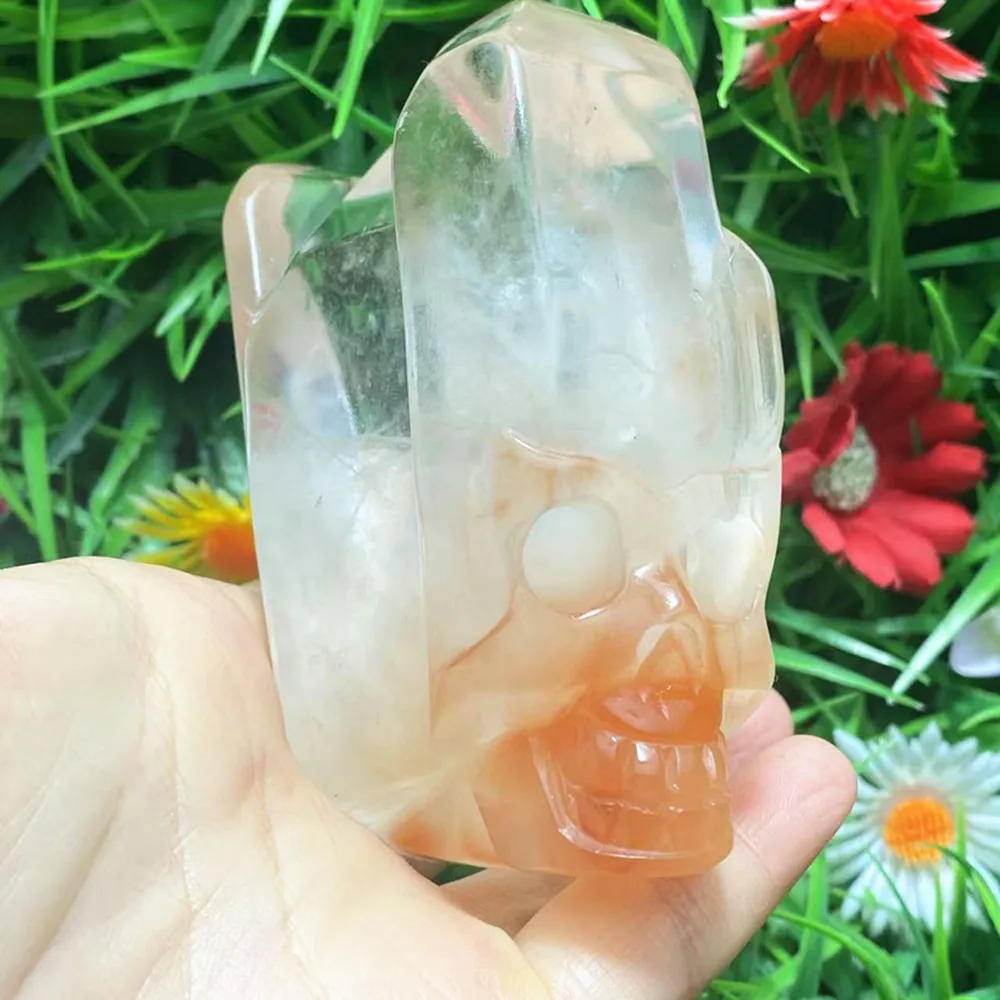Natural quartz crystal Red rabbit hair topaz hand carved skull chakra home decor