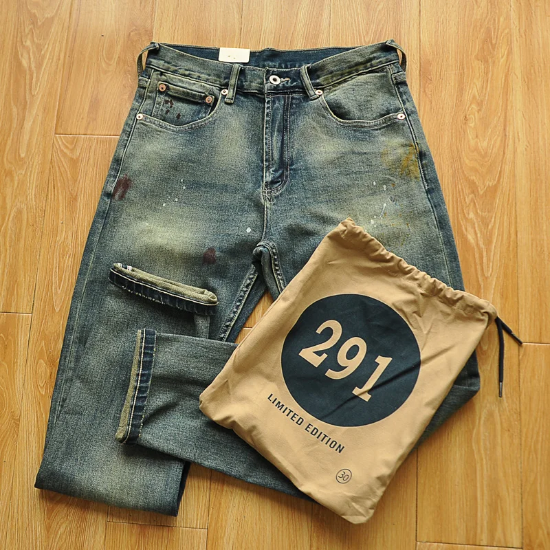 

Retro American Khaki Distred Paint Splatter Elastic Slim Straight Jeans Trendy Youth Bootcut Pants Cotton Denim Jeans