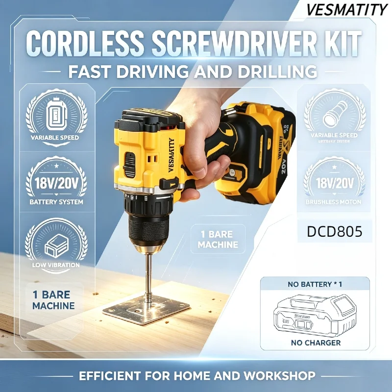 Vesmatity DCD805 Brushless Cordless Impact Drill Electric Screwdriver Multi-Function Hand Drill Power Tools 18V Battery Max And
