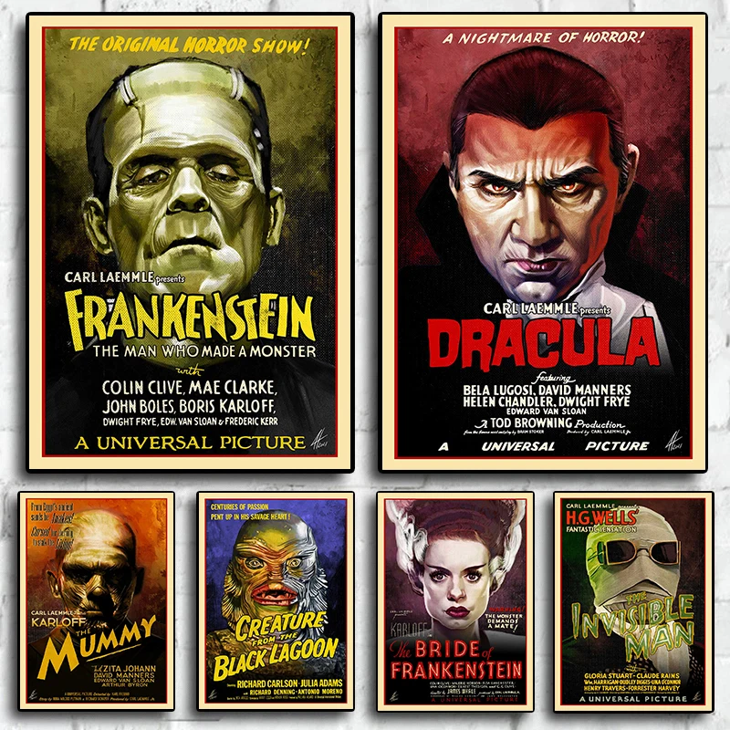 Vintage World Famous Monsters Horror Character Collection Frankenstein Poster Canvas Painting Wall Art Pictures Home Decor Gift