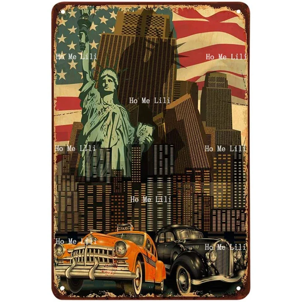 New York City Taxi Car America Flag Auto Skyscraper Travel Freedom Statue Of Liberty Vintage Metal Signs For Cafes Bars Pubs