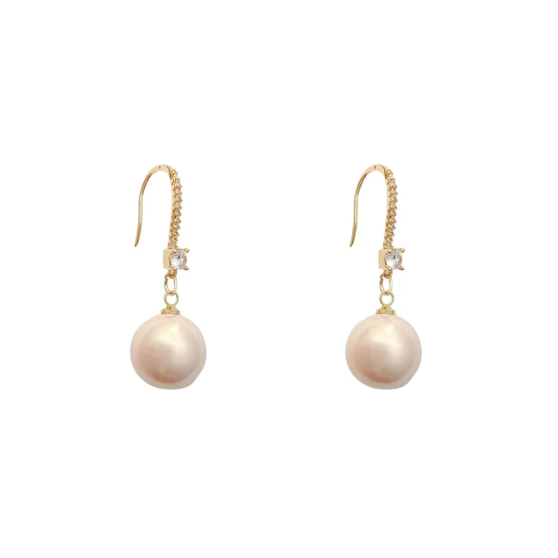 High-grade Korean fashion pearl earrings femininity trend zircon earrings simple light luxury pink hook earrings