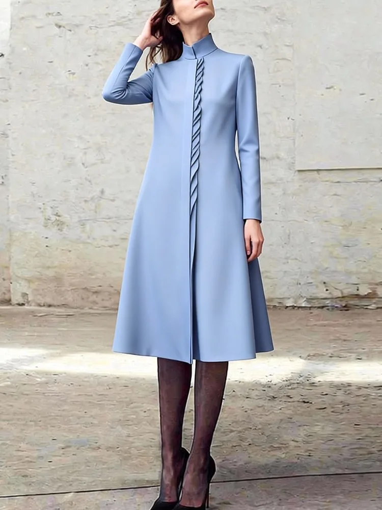 UOOZEE dames elegante gegolfde kantooroverhemdjurk 2026 nieuwe lange mouwen hoge hals effen kleur stedelijke casual midi-jurken gewaad