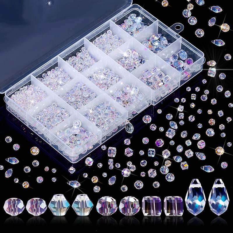 1000PCS Assorted Crystal Beads Kit Jewelry Beads Bulk with Container Box for DIY Necklace Bracelet Earring(4/6/8mm, AB Color)