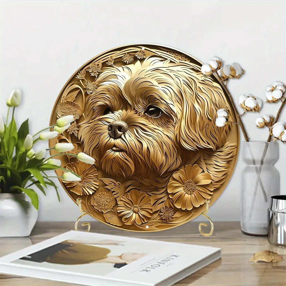 Faux Foil Stamping Papercut Art Painting Round Wreath Decorative Sign Living Room Decor Girls Gifts Shih Tzu Theme Decoration