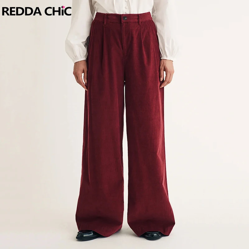REDDACHIC 여성용 솔리드 레드 코듀로이 바지, 오피스 워크 캐주얼 플리츠 와이드 레그, 하이웨이스트 미니멀리스트 OL 바지, 가을 겨울
