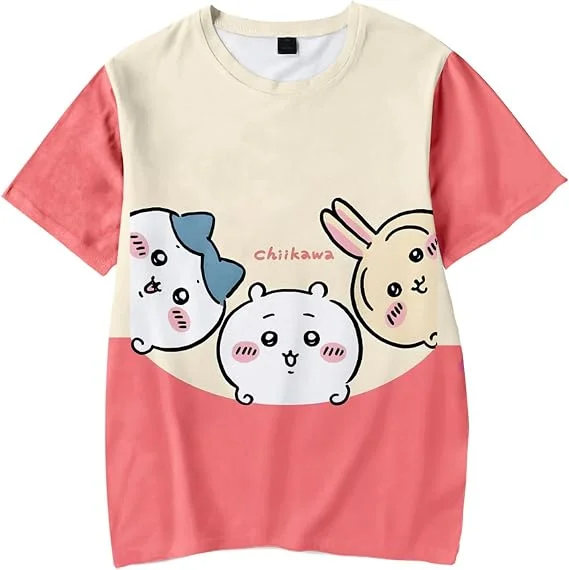 Chiikawa Usagi Hachiware Niedliche Gestapelte Figuren Print T-Shirt Farbiges Kurzarm-T-Shirt Lässiges Unisex Sommer-Oberteil Familien-Set – Detail 9
