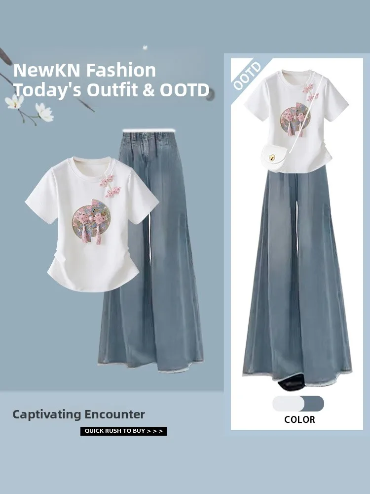 Effet minceur chinois Sle femmes rondes Ne ort Sve t-shirt et jean deux pièces ensemble jambe large jean été Faion