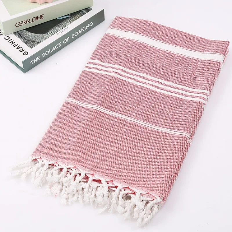 Striped Cotton Turkish Sports Bath Towel with Tassels Travel Gym Camping  Sauna Beach  Pool Blanket Absorbent Easy Care