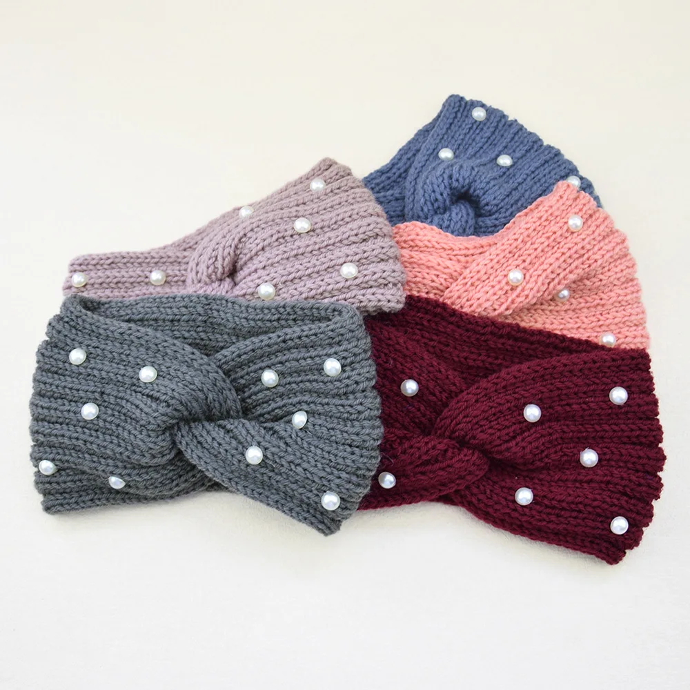 Fashion Pearls Knitted Headband Women Cross Knotted Hair Bands Autumn Winter Ear Warmer Protectors Wide Turban Hair Accessories