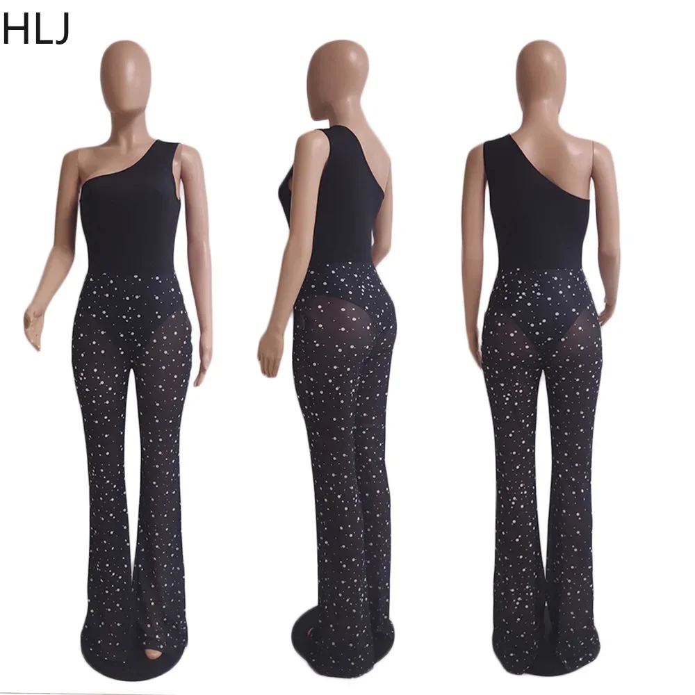 HLJ Black Sexy Mesh See Though Pants Two Piece Sets Fashion One Shoulder Sleeveless Bodysuits And Pants Outfits Fashion Clubwear