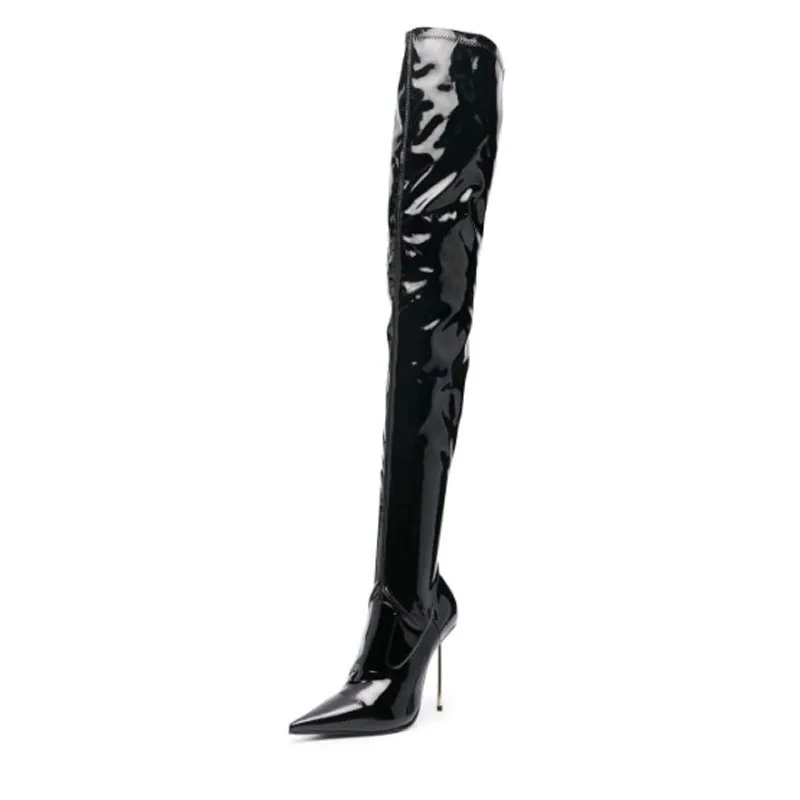 Arden Furtado 2024 Patent Leather Thin heels Over The Knee Boots Pointed Toe Sexy Super high heel side zipper Modern boots 41 42