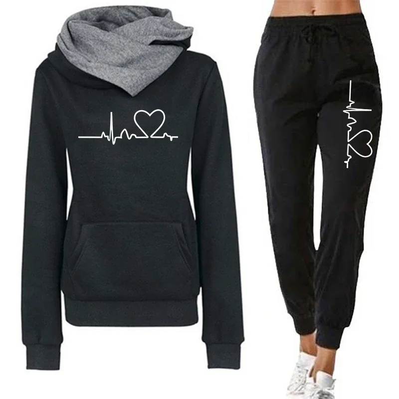 Womens Tracksuit Trend Double Neck Hooded Sweatshirts+Sweatpants 2 Piece Set Heart Printing Casual AutumnWinter Outfits Clothing