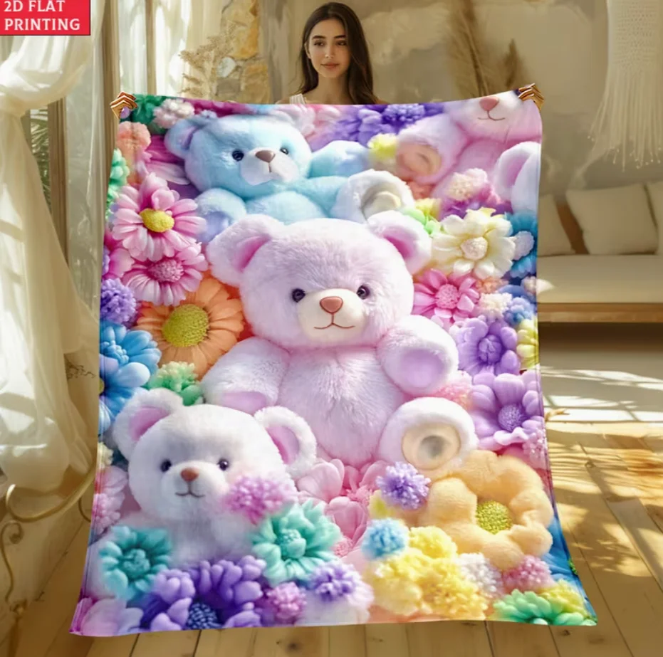 Eine farbenfrohe Teddybär-Blumendecke im flachen 2D-Design, perfekt für leichte Heimdekoration. Ideal für den Einsatz auf Schlafsofas