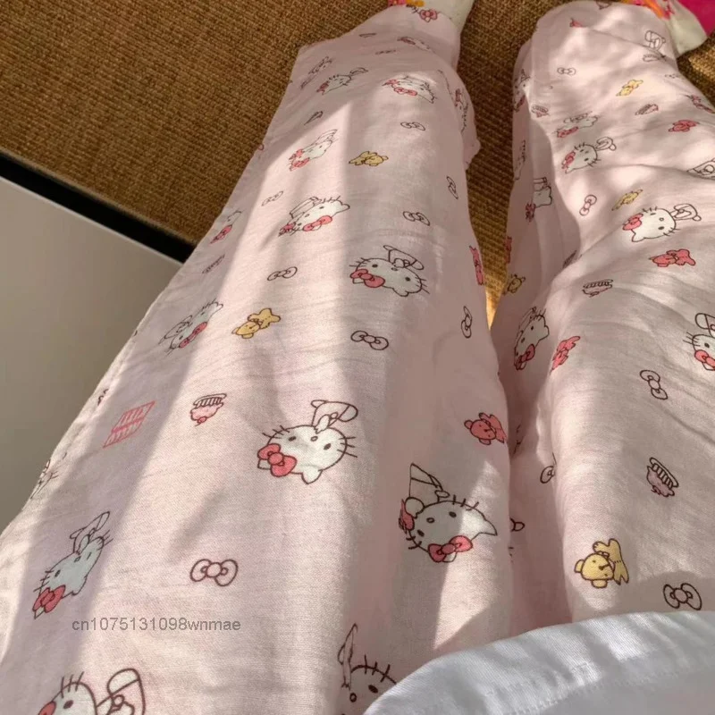 Sanrio Cute Soft Hello Kitty Printed Sleepwear Pants for Women Summer Loose Casual Home Long Pants Cozy Trousers Clothes