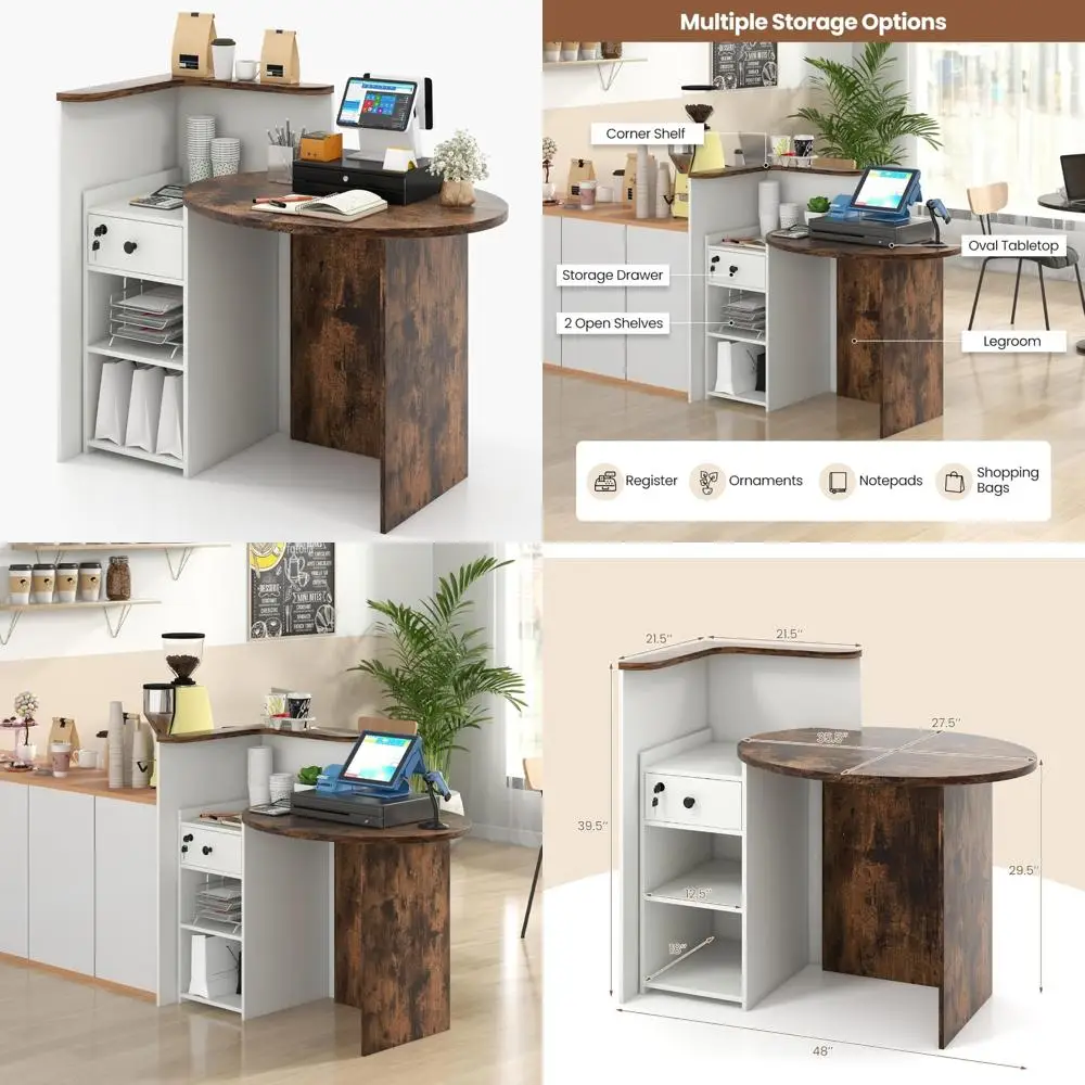 Balcão de recepção com fechadura de 48 polegadas com prateleira de armazenamento e mesa em forma de L para uso em salão de beleza