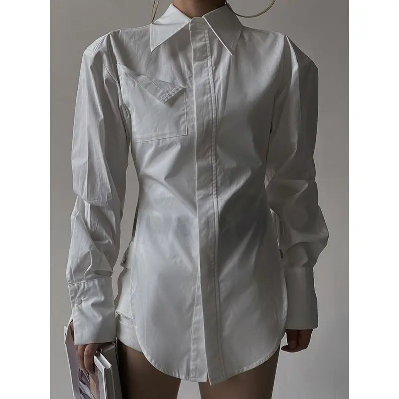 

2025 Autumn/Winter New White Waist Shirt Coat Folding Pocket Split Shirt for Women