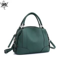 New Hot Sale Green Blue Solid Color Classic Boston Tote Soft Cowhide Leather Women's Handbag High-end Female Single Shoulder Bag