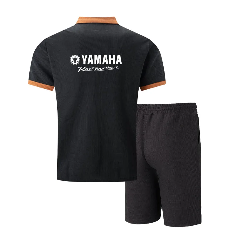 Yamaha Men's Multi-Color Waffle Knit Short Sleeve & Shorts Set, Casual Breathable Sweat-Absorbent Polo Outfit Daily Street Wear. - view 6