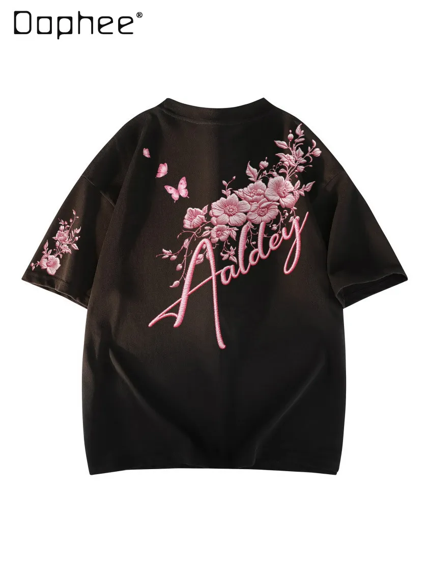 Summer Black Pink Heavy Embroidery Rose Butterfly T-Shirt Men Vintage Loose Casual Streetwear White Gray Short Sleeve Top