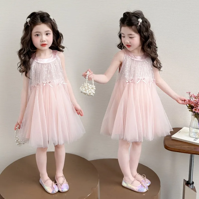 Girls' camisole dress summer 2026 new stylish children's mesh princess girls' vacation style hanging neck dress 5