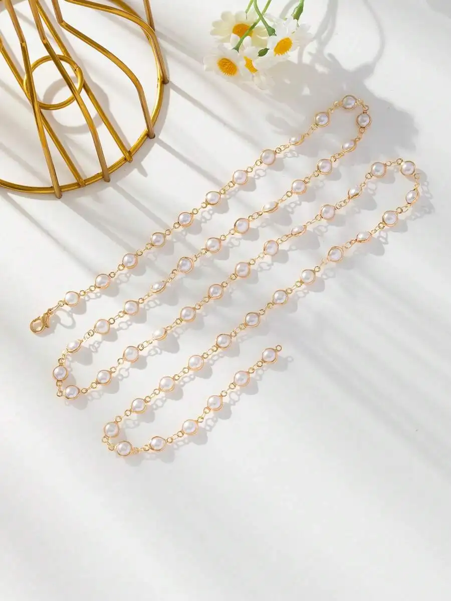 

Gold-Tone Y-Shape Long Necklace with Faux Pearls, Boho Elegant Layered Chain