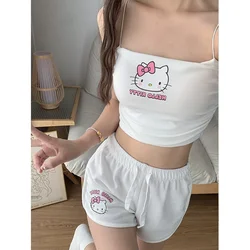 Sanrio Hello Kitty Slim Sexy Pajamas Female Summer Cute Cartoon Suspenders Shorts Home Wear Set with Chest Pad Kawaii Gift